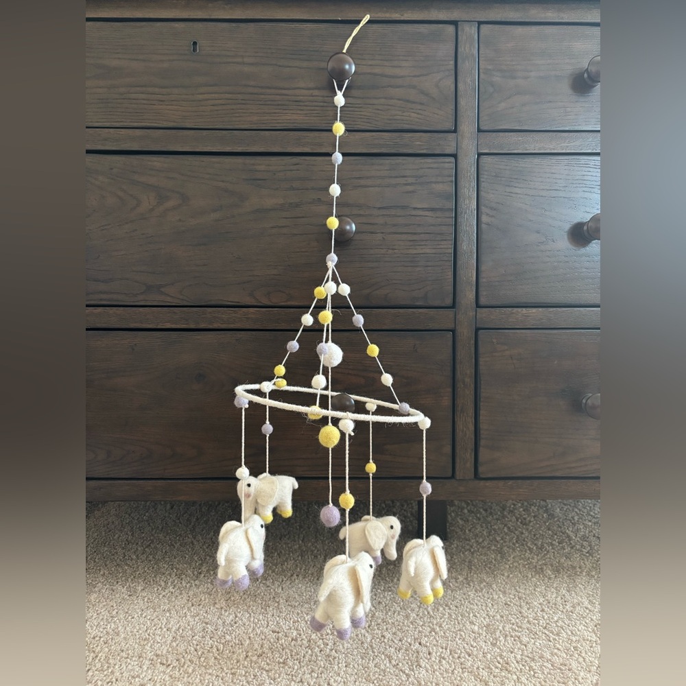 Handmade Cream Elephant Nursery Mobile with Yellow and Lavender Accents
